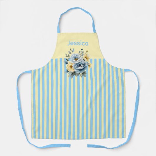 Crème Top met Blauwgroen Stripes Bloemen Schort (Voorkant)