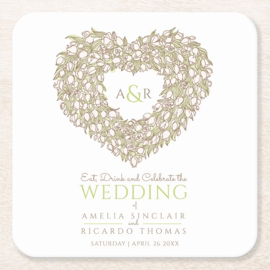 Crème tulp met inkt tekenmonogram bruiloft kartonnen onderzetters (Voorkant)