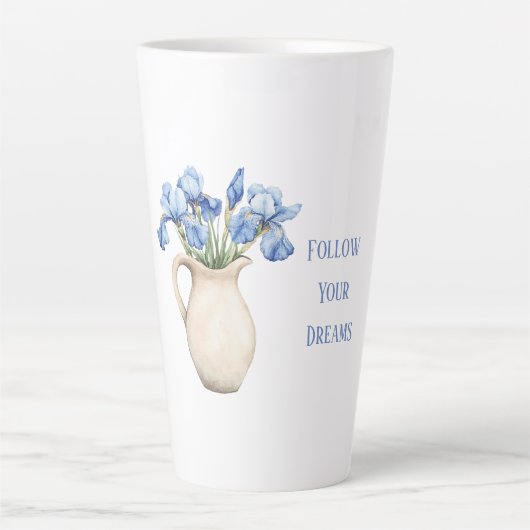 Crème Vaas Paarse Iris Bloemen Latte Mok (Voorkant)