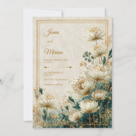 Crème Vergulde Astrantia Teal Waterverf Bruiloft Kaart