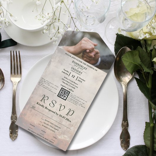 Crème Verweerde Whitewash Textuur QR Code Foto All In One Uitnodiging