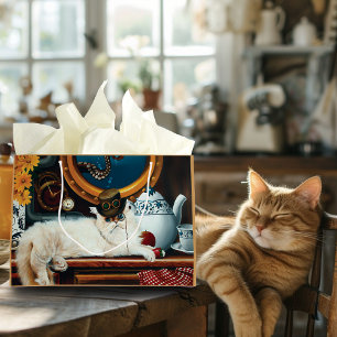 Crème Victoriaanse Steampunk Kat Thee Party Onderz Large Cadeautasje