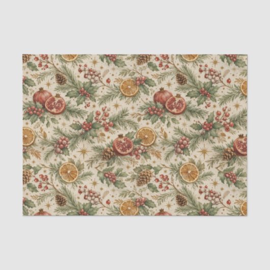 Crème Vintage Botanische Kerst Citrus Patroon Tissuepapier (Voorkant)