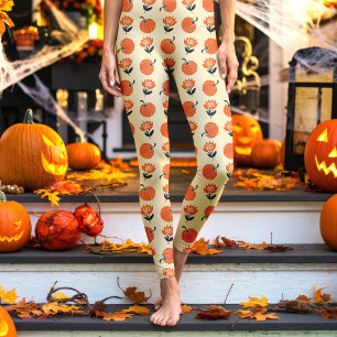 Crème Vintage Pompoenen en Bloemen Halloween Leggings