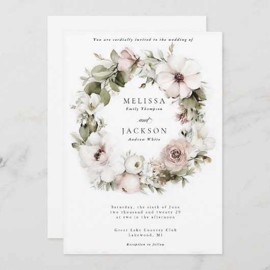 Crème Waterverf Bloem Krans bruiloft Kaart (Voorkant / Achterkant)