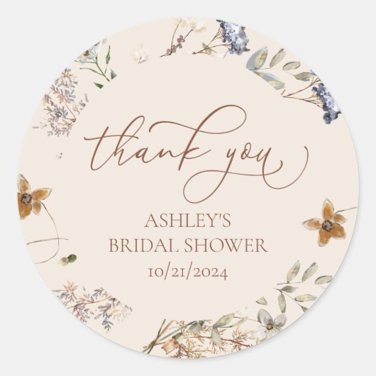Crème Waterverf Wildflowers Kalligrafie Favors Ronde Sticker (Voorkant)