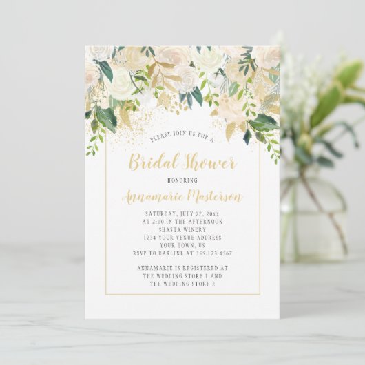 Crème White Roses Gold Accents Vrijgezellenfeest Kaart (Staand voorkant)