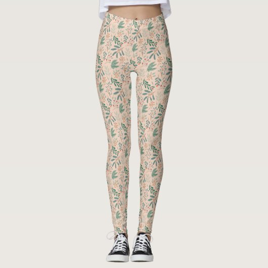 Crème Winter Botanische Patroon Leggings (Voorkant)