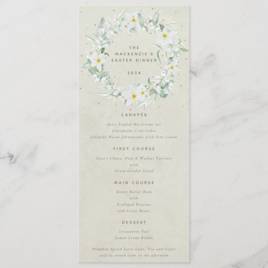 Crème Wit Bloemen Pasen krans Flat 4 gangen Menu (Voorkant)
