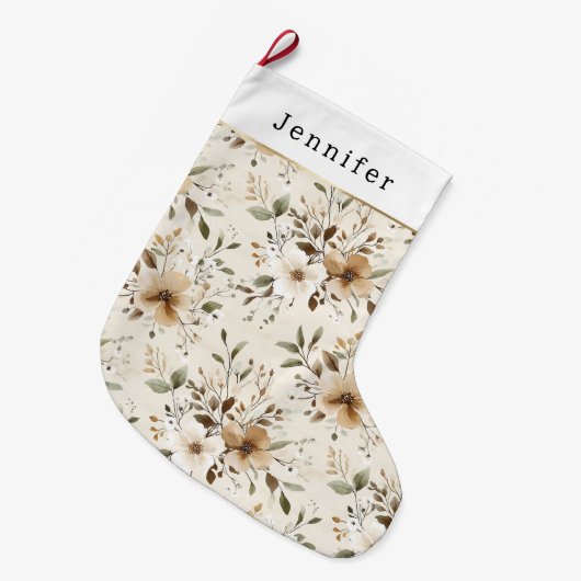 Crème Wit Bruin Bloem Kerst Grote Kerstsok (Voorkant (Hangend))