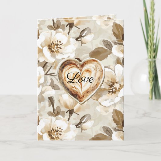 Crème Wit Bruin Bloemig Hart Liefde Kaart (Voorkant)