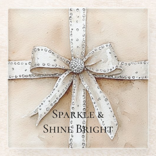 Crème Wit Zilver Glitzy Glam Boog Verjaardag Glazen Onderzetter (Voorkant)