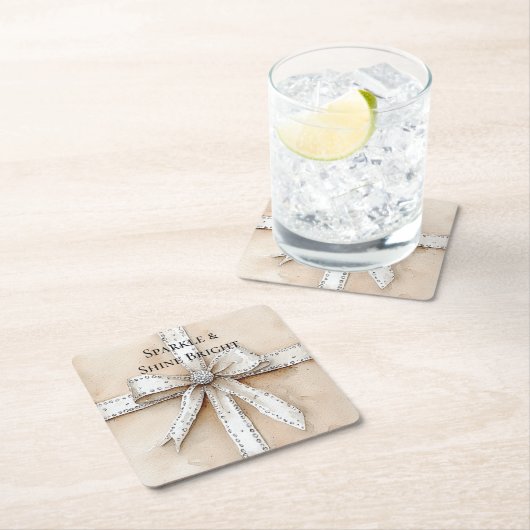 Crème Wit Zilver Glitzy Glam Boog Verjaardag Kartonnen Onderzetters (Insitu)