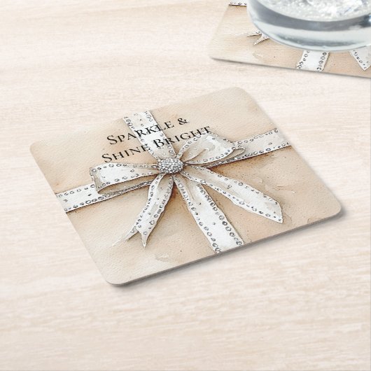 Crème Wit Zilver Glitzy Glam Boog Verjaardag Kartonnen Onderzetters (Schuin)