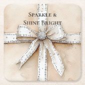 Crème Wit Zilver Glitzy Glam Boog Verjaardag Kartonnen Onderzetters (Voorkant)