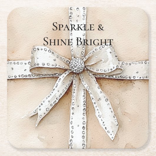 Crème Wit Zilver Glitzy Glam Boog Verjaardag Kartonnen Onderzetters (Voorkant)