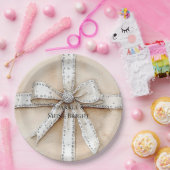 Crème Wit Zilver Glitzy Glam Boog Verjaardag Papieren Bordje (Feest)