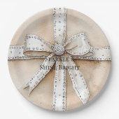 Crème Wit Zilver Glitzy Glam Boog Verjaardag Papieren Bordje (Voorkant)