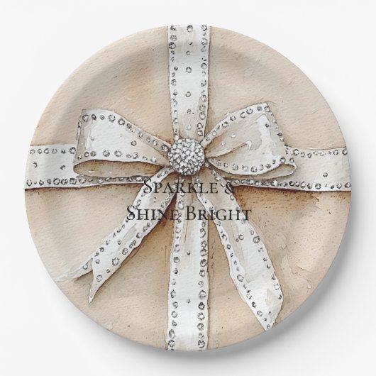 Crème Wit Zilver Glitzy Glam Boog Verjaardag Papieren Bordje (Voorkant)