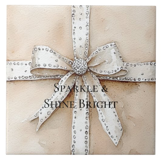 Crème Wit Zilver Glitzy Glam Boog Verjaardag Tegeltje (Voorkant)