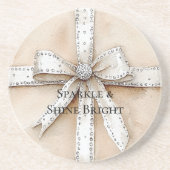 Crème Wit Zilver Glitzy Glam Boog Verjaardag Zandsteen Onderzetter (Voorkant)