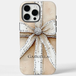 Crème Wit Zilver Glitzy Glam Bow iPhone 16 Pro Max Hoesje