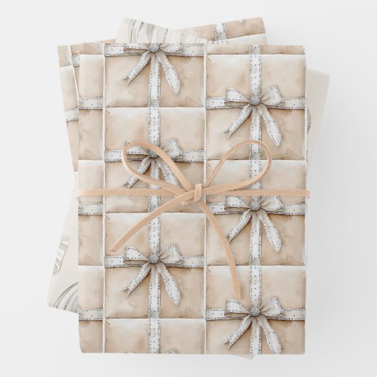 Crème Wit Zilver Glitzy Glam Bow Inpakpapier Vel (In situ)