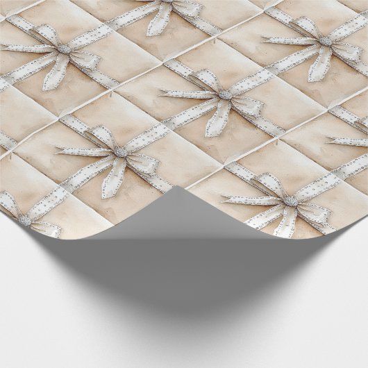 Crème Wit Zilver Glitzy Glam Bow Kerstmis Cadeaupapier (Hoek)