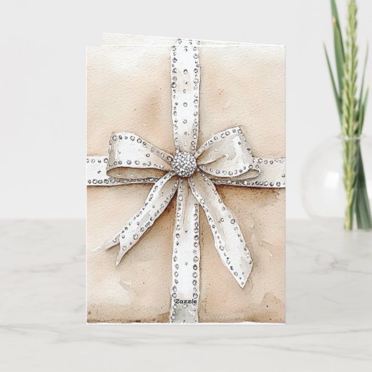 Crème Wit Zilver Glitzy Glam Bow Kerstmis Kaart (Achterkant)