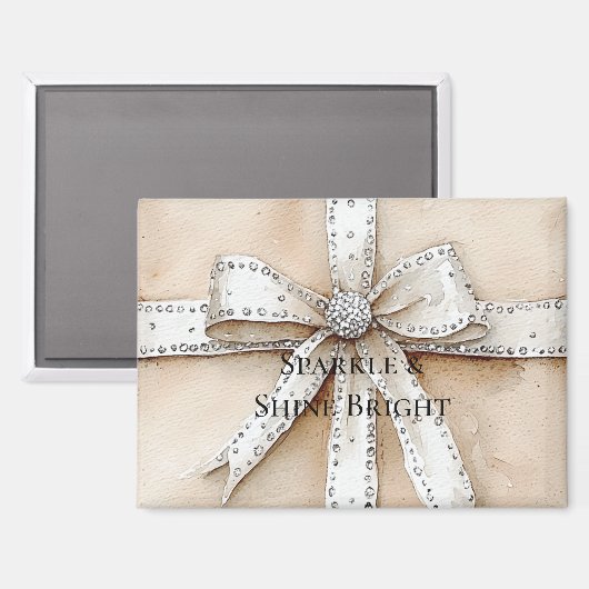 Crème Wit Zilver Glitzy Glam Bow Kerstmis Magneet (Voorkant / Achterkant)