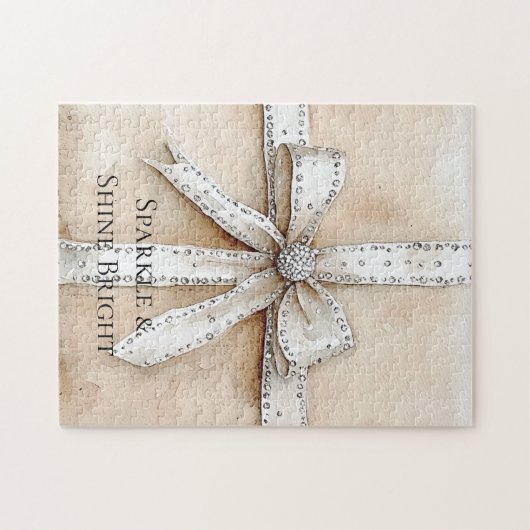 Crème Wit Zilver Glitzy Glam Bow Legpuzzel (Horizontaal)