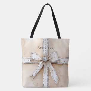Crème Wit Zilver Glitzy Glam Bow Tote Bag