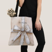 Crème Wit Zilver Glitzy Glam Bow Tote Bag (Dichtbij)