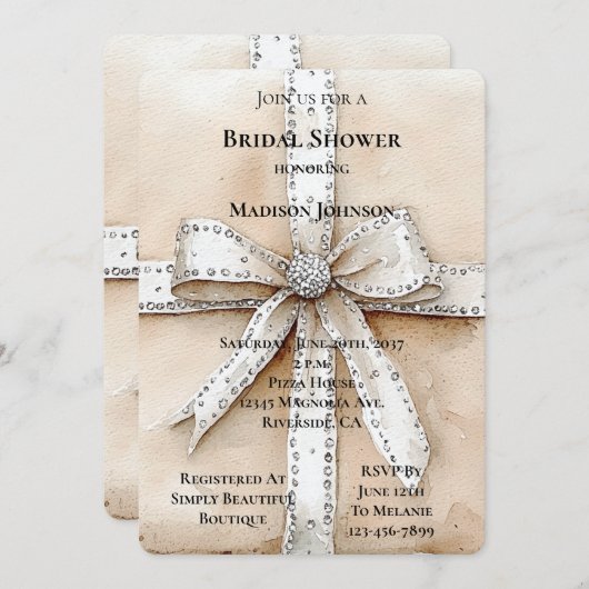 Crème Wit Zilver Glitzy Glam Bow Vrijgezellenfeest Kaart (Voorkant / Achterkant)