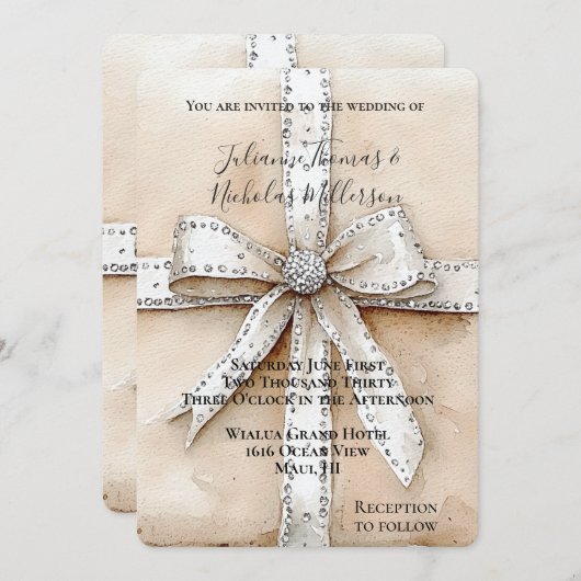 Crème Wit Zilver Glitzy Glam Bow Wedding Kaart (Voorkant / Achterkant)