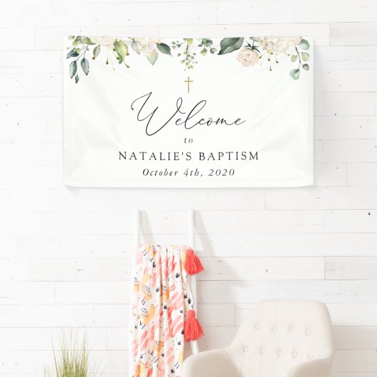 Crème Witte Bloemen, Boho, Bloem Baptism Welkom Spandoek (Insitu)