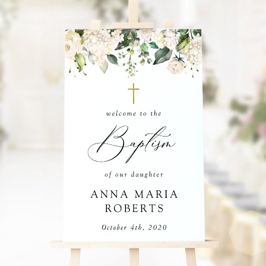 Crème Witte Bloemen, Boho, Bloemige Doop Welkom Poster