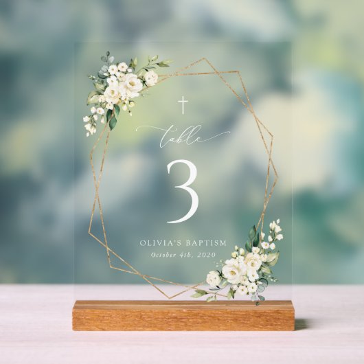 Crème Witte Bloemen, Boho, Doop Tafel Nummers Acryl Bord (Neutraal)