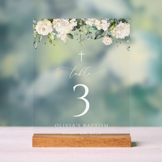 Crème Witte Bloemen, Boho, Doop Tafel Nummers Acryl Bord (Neutraal)