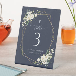 Crème Witte Bloemen, Boho, Doop Tafel Nummers Reclamebord Met Voetstuk