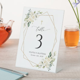 Crème Witte Bloemen, Boho, Doop Tafel Nummers Reclamebord Met Voetstuk