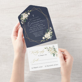 Crème Witte Bloemen, Boho, Eerste Heilige Communie All In One Uitnodiging