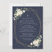 Crème Witte Bloemen, Boho, Eerste Heilige Communie Kaart (Voorkant)