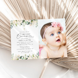 Crème Witte Bloemen, Boho, Eerste Heilige Communie Kaart