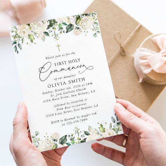 Crème Witte Bloemen, Boho, Eerste Heilige Communie Kaart