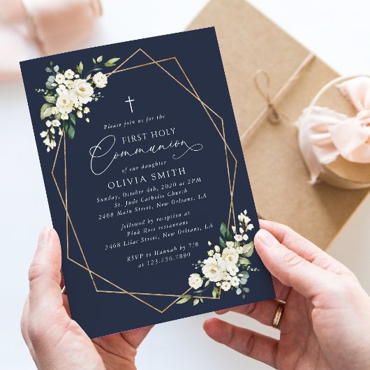 Crème Witte Bloemen, Boho, Eerste Heilige Communie Kaart