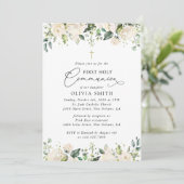 Crème Witte Bloemen, Boho, Eerste Heilige Communie Kaart (Staand voorkant)