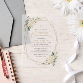 Crème Witte Bloemen, Boho, Eerste Heilige Communie Vellum Uitnodigingen