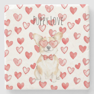 Crème Witte Corgi Hond Rode Harten Bril Stenen Onderzetter
