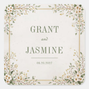 Crème Witte Dogwood Salie Gouden Lijst Trouwfeest Vierkante Sticker